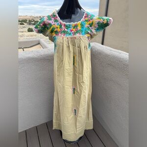 VTGE Mexican Hand-Embroidered Boho Maxi Dress • Tan Cotton • Floral Yoke •Small